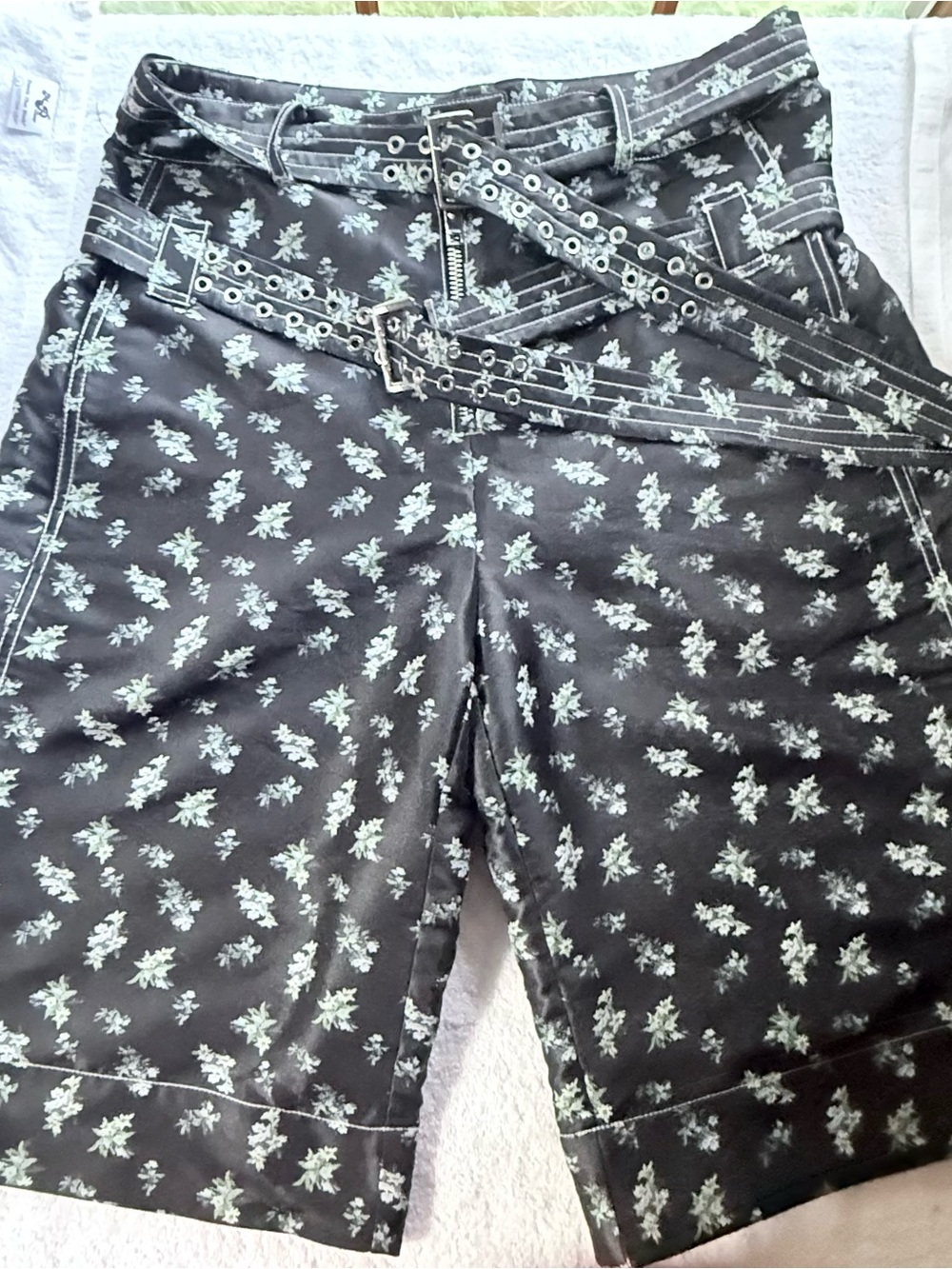 Ganni Black and Light Green Floral Lined high waisted shorts